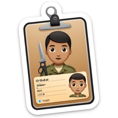 Floating black Scissors cutting in half an idf soldier ID card with a little chip in 2 parts .hyper realistic sticker