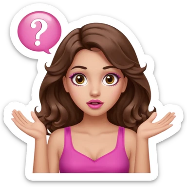 girl with long wavy brown hair, brown eyes, long lashes makeup, sexy pink lips, light to medium complexion, pink sexy top, two hands up, shrugging, confused question mark bubble sign sticker
