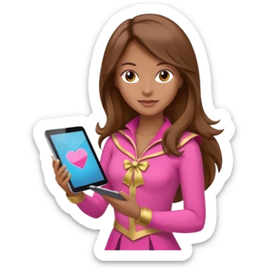 woman with brown long hair and pink costume with tablet sticker