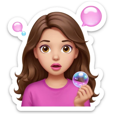 girl with long wavy brown hair, brown eyes, light to medium complexion, in a pink shirt, pink lips, long lashes, surprised, wow bubble sticker