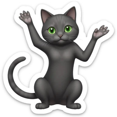 full body gorgeous solid dark grey cat with green eyes, white paws and white whiskers reaching for something sticker