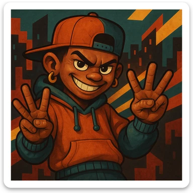 Make this mischievous character more realistic, keep the smirk and YVL hand sign on both hands, hip-hop style, energetic vibe, lifelike details. Focus on realistic textures and expressive features. sticker