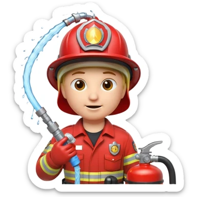 A 3D Apple-style emoji character dressed as a firefighter in a bright red uniform and helmet, holding a fire hose spraying water forward, determined expression with cartoonish eyes, water splashing effect, clean minimal background sticker