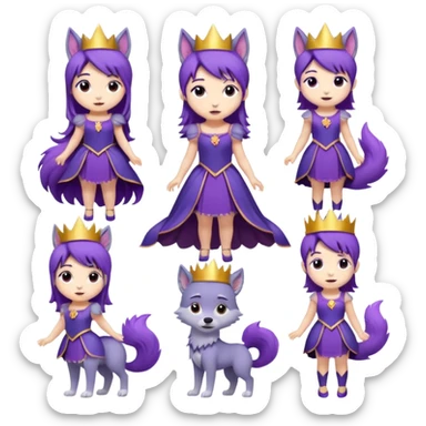 A collection of twelve chibi-style illustrations of a cute princess wearing a purple dress and crown with purple hair and purple wolf ears and purple wolf tail character. Each square shows the character doing different things against a white background And make a gap between each illusion sticker