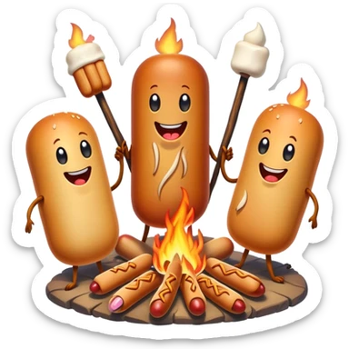 4 people sitting around a campfire but instead of people they are hotdogs sticker