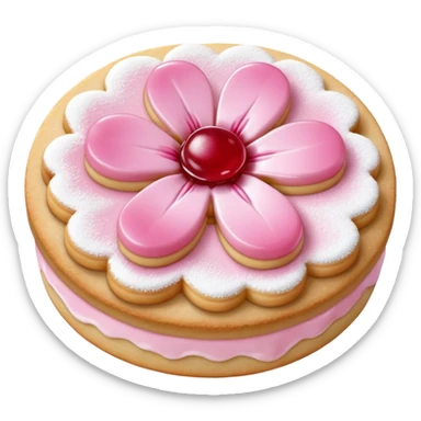 Realistic shortbread cookie in the shape of a cherry blossom with pale pink color jelly middle filling and sprinkled powder sugar on top. sticker