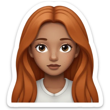 girl with long hair, black eyes, soft makeup, and freckles across her face sticker