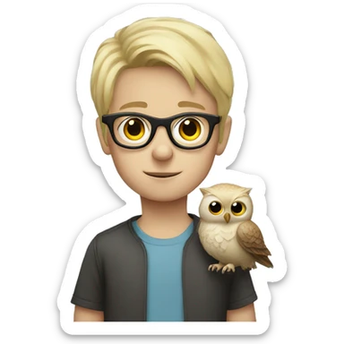 Blonde boy with glasses holding an owl  sticker