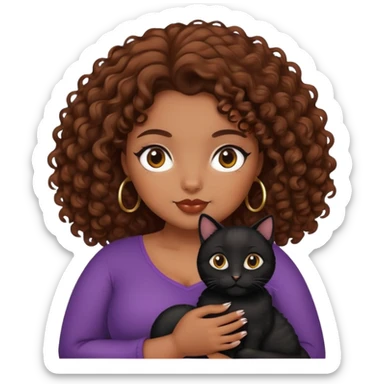 curvy girl with brown curly hair with black cat on her hand sticker