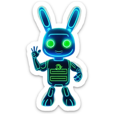 The blue and green robot rabbit surrounded by glowing effects or energy lines, with its fist in the air as if powering up. sticker