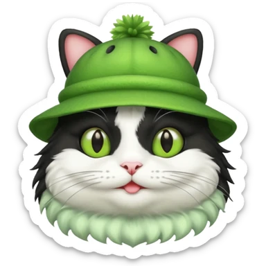 Black and white cat with a frog-shaped hat sticker