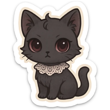 gothic cat, chibi style, black fur, lace collar, big eyes, cute but mysterious, pastel palette sticker