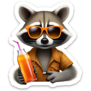 Raccoon with sunglasses, holding a vape in one hand and an aperol spritz in the other hand sticker