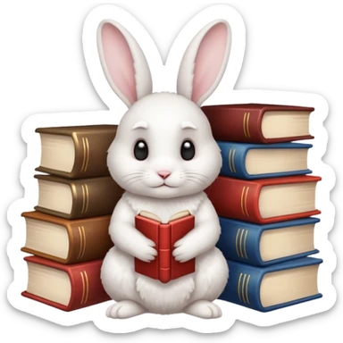 White rabbit sitting next to a stack of books consisting of 3 books sticker