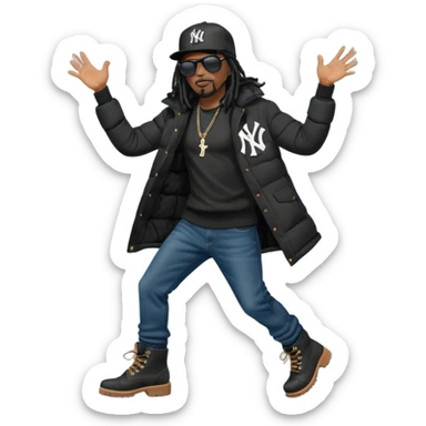African American man with shoulder length black dreadlocks and black sunglasses wearing a black New York Yankees baseball hat wearing a black bubble winter coat with denim skinny jeans and timberland boots dancing sticker
