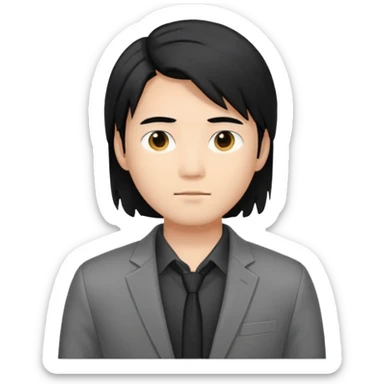asian young man with long black hair middle part haircut in grey blazer and black t-shirt  sticker