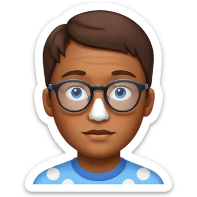 vitiligo emoji, with vitiligo spots around eyes and on the chin. brown hair, blue eyes, wearing glasses  sticker