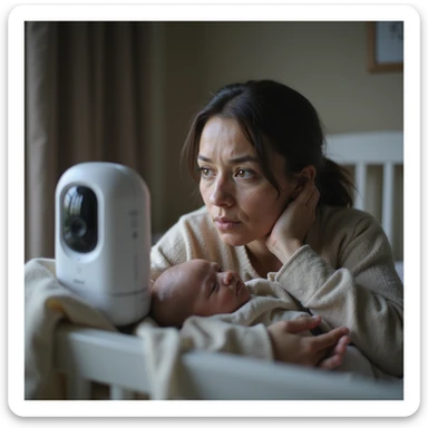 hyperrealistic 4K image of new mother peeking into crib while glancing at baby monitor, dark circles under eyes, nursery packed with safety gadgets, anxious and tired, detailed environment sticker