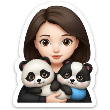 Girl with brunette hair is holding her dog thats a pomeranian and looks like a panda. sticker