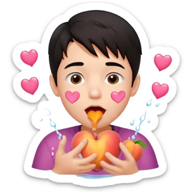 Cute boy, grown out dark hair, eating a peach, pink hearts floating , water dripping from mouth sticker