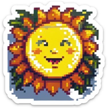 bright sun with rays, cheerful face, daylight emoji, pixel art style, no text sticker