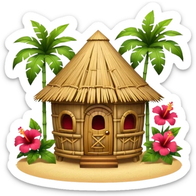 Hawaiian tiki hut house, round tropical hut, bamboo details, thatched roof, tiki masks decoration, hibiscus flowers, cute mobile game icon, 3D cartoon, clean background, no text sticker
