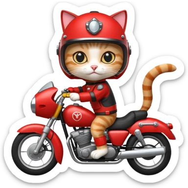 Cat on red and black motorcycle with helmet sticker