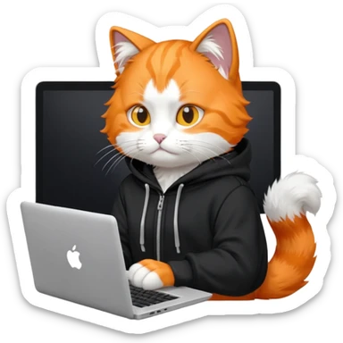 orange cat with laptop and black hoodie sticker