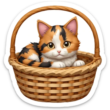 A fluffy kitten curled inside a wicker basket with sleepy eyes. sticker