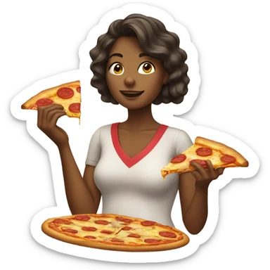 A woman with a snack and a piece of pizza inside sticker