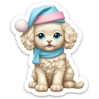 Cream cockapoo kitten whole body with pastel blue eyes, and with pink Christmas hat sticker