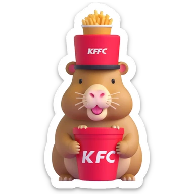 Capybara wearing a tiny KFC bucket as a hat on its head sticker