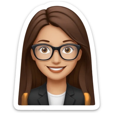 Woman 40, brown long hair, brown eyes, rectangle black glasses sticker