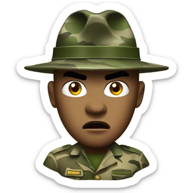 drill sergeant character wearing a classic sergeant hat and a camouflage army shirt. The character should have an angry intense expression. full torso sticker