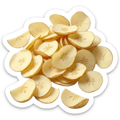 loose scatter of off-white potato flakes with irregular, lightweight shapes, slightly translucent dry texture, thin curled edges, uneven sizes, dehydrated instant format, soft lighting, subtle shadows, emoji scale sticker