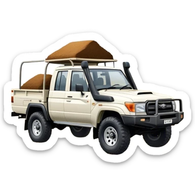 Toyota LandCruiser 70 Series (2021) – Cinematic-realistic Toyota LandCruiser 70 Series ute, its rugged white frame bouncing over rough farm tracks. Dust billows behind as the vehicle powers across dry paddocks, a trusty farm dog perched in the tray, scanning the horizon. sticker
