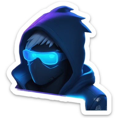 developer behind his laptop with this style : Riot Games Valorant neon glowing bright blue character blue black hooded assassin themed character sticker