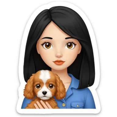 Italian girl long straight black hair black eyes button nose full lips holding apricot Cavapoo dog sticker