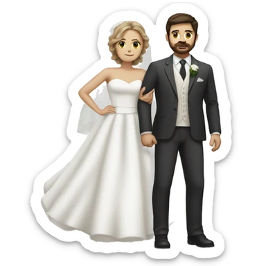 Dark haired man with dark facial hair in a suit holding a woman with light brown hair in a white wedding dress sticker