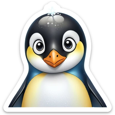 Cinematic Cute Emperor Penguin Portrait Emoji, Head tilted playfully and inquisitively, with glossy, pristine plumage accented by a bright beak and round, sparkling eyes filled with curiosity, Simplified yet irresistibly adorable features, highly detailed, glowing with a warm, friendly icy glow, high shine, affectionate and lively, stylized with a touch of whimsical charm, bright and endearing, soft glowing outline, capturing the essence of a mischievous yet loving penguin that feels like it could slide out of the screen into your arms! sticker