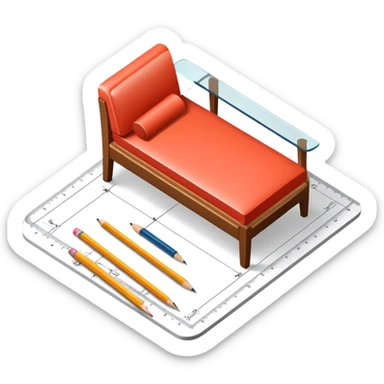 Icon for Furniture Design: a furniture drawing with 3D models of furniture pieces placed on top, accompanied by rulers and a pencil. The icon should represent the design process with focus on precision and modeling. Transparent background. sticker