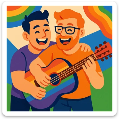 rainbow guitar being played by a joyful gay couple sticker