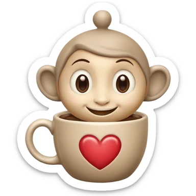 Ink wash style, coffee cup creature, big heart eyes, dopey smile sticker
