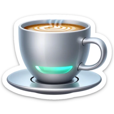 Emoji: A steaming cup of coffee, but instead of regular steam, there are glowing holographic binary codes (0101) rising from it. The mug has a sleek futuristic design, with a small glowing AI circuit on the side. Cyberpunk and modern aesthetics. sticker