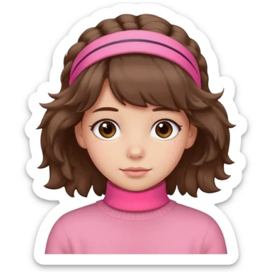 brown fluffy haired girl with pink turtleneck sweater and hair band sticker
