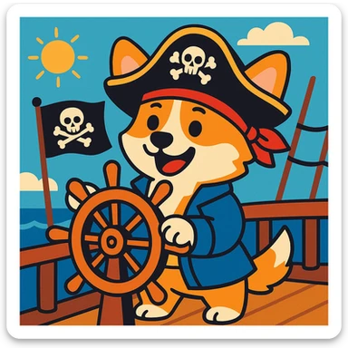 cartoon pirate corgi steering a ship's wheel on a pirate ship sticker