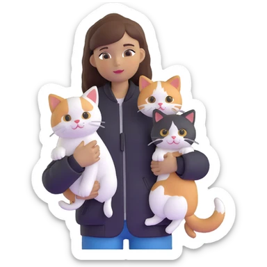 Light-skinned girl with brown straight hair wearing a black jacket, holding one completely white cat and one calico cat sticker