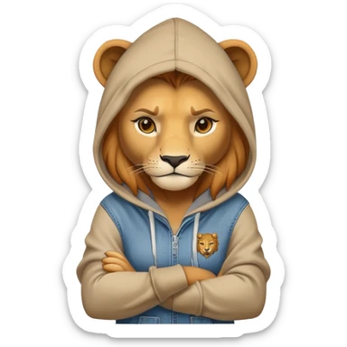determined anthropomorphised female lion in a hoodie and jeans with arms folded, energetic pose sticker