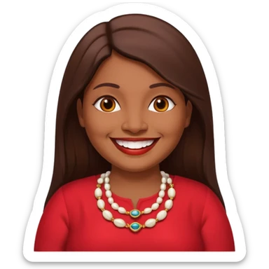 50 yr old chubby Sri Lankan woman, dark skin, straight brown hair, big smile, white teeth, red dress clothes, longer hair straight, big teeth sticker