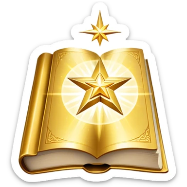 A shimmering gold book with a radiant glow, floating slightly as if under a spotlight. Its cover features a bold, star-like sigil ✨, symbolizing influence and magnetism. Light halo effects or sparkles surround it, giving off an aura of effortless charm and star power. sticker